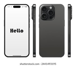 nuevo smartphone sin marco color gris con pantalla en blanco, vista frontal, posterior y lateral, aislado sobre fondo blanco. maqueta de teléfono móvil realista y detallado con sombra. ilustración vectorial