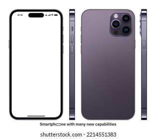 nuevo color púrpura de smartphone sin marco con salvapantallas en blanco, vista frontal, trasera y lateral aislados en fondo blanco. burla a un teléfono móvil realista y detallado. ilustración vectorial