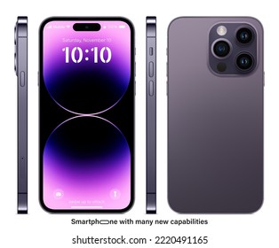 new frameless smartphone purple color with colored screen saver front, back and side view isolated on white background. mockup of realistic and detailed mobile phone. vector illustration