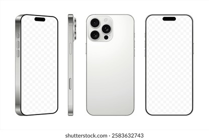 new frameless smartphone silver color with black screen, front back and side view, isolated on white background. mockup of realistic mobile phone with shadow. 3d vector illustration, 10 eps.