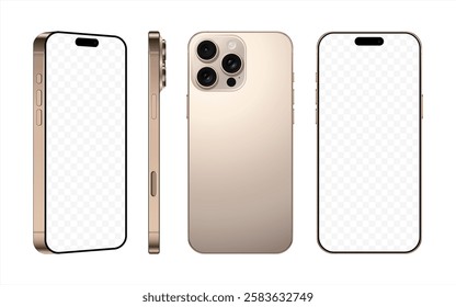 new frameless smartphone titabium desert color with black screen, front back and side view, isolated on white background. mockup of realistic mobile phone with shadow. 3d vector illustration, 10 eps.
