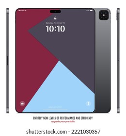 new frameless tablet grey color with colored touch screen saver front, back and side view isolated on white background. mockup of realistic and detailed device with shadow. vector illustration