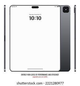 new frameless tablet grey color with blank touch screen saver front, back and side view isolated on white background. mockup of realistic and detailed device with shadow. vector illustration