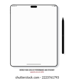 new frameless tablet grey color with blank screen and stylus top view on white background. flat lay mockup of realistic devices with shadow front view. vector illustration