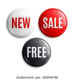 New, Free, Sale on glossy buttons or badges. Product promotions. Vector.