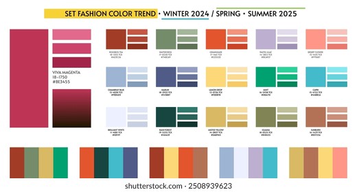 Neu Fresh Fashion Farbtrend Winter 2024 Frühling 2025. Farbpaletten-Vorhersage des zukünftigen Farbtrends. Stock-Vektorpalette mit Farbtönen