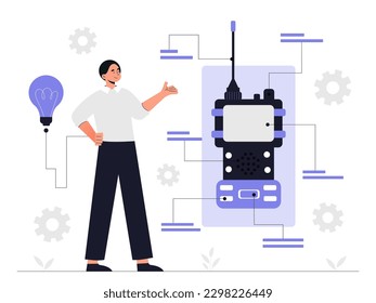 New functions concept. Man presents new device or gadget. Modern technologies and innovations. Walkie talkie or sensor. Upgrade and update. Cartoon flat vector illustration