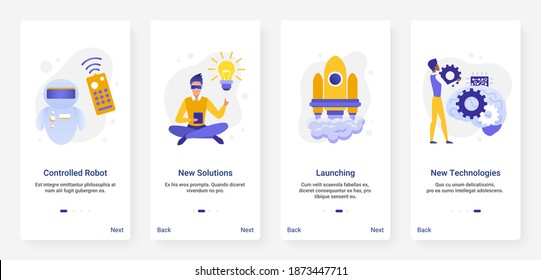 New future technology innovation vector illustration. UX, UI onboarding mobile app page screen set with line innovative project, success startup idea launch, automation and control of business process