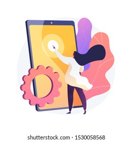 New gadget testing. Female flat character pressing on smartphone screen. Woman choosing tablet. Touchpad, touchscreen, electronic device. Vector isolated concept metaphor illustration