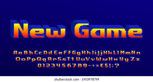 New Game alphabet font. 3D pixel letters, numbers and punctuations. 80s arcade video game typescript.
