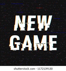 New Game glitch text. Anaglyph 3D effect. Technological retro background. Vector illustration. Creative web template. Flyer, poster layout. Computer program, monitor screen, retro arcade.