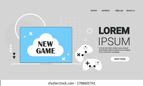 new game on laptop screen with gaming controllers video games concept horizontal copy space vector illustration