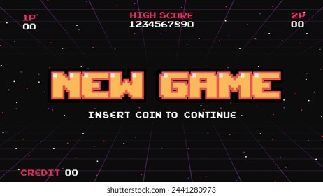 New game.pixel art .8 bit game.retro game. for game assets in vector illustrations.Retro Futurism Sci-Fi Background. glowing neon grid.and stars from vintage arcade comp