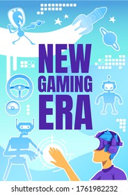 New gaming era poster flat vector template. Boy in headset. Interactive cyberspace. Brochure, booklet one page concept design with cartoon characters. Augmented reality experience flyer, leaflet