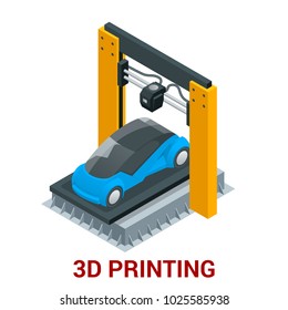 Neue Generation der 3D-Druckmaschine Auto. Isometrische Vektorgrafik