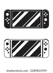 Nueva generación de videoconsola en blanco y negro. Consola portátil y de juegos. Ilustraciones de gamepad plana vectorial para aplicaciones de juegos o sitios web. 
