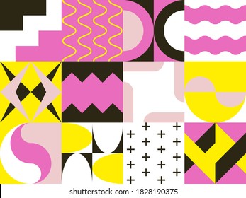 Neue Geo-Kunstwerke von Vektorgrafik abstrakte Komposition Design mit bunten geometrischen Formen und einfachen geometrischen Figuren, nützlich für Web-Hintergrund, Poster-Textur, Deckel, Vorderseiten und Drucke.
