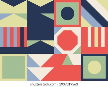 New geo artwork of vector abstract composition design made with colorful geometric shapes and simple geometrical figures, useful for web background, poster texture, covers, front pages and prints.