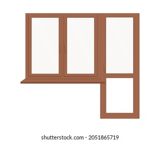 New a glass window and door to the balcony or porch. Realistic plastic or wooden window and door with brown frames, windowsill, sashes and adjusting handles. Vector illustration.