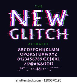 New Glitch vector font and alphabet with numbers, signs and symbols