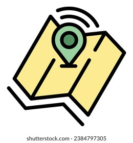 Nuevo vector de contorno de icono de mapa global. Puntero de carro. Color de la tienda