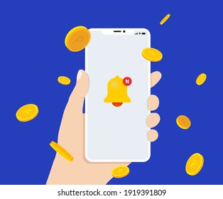 new gold coin event receiving mobile apps illustration set. coin, cash, alarm, phone. Vector drawing. Hand drawn style.