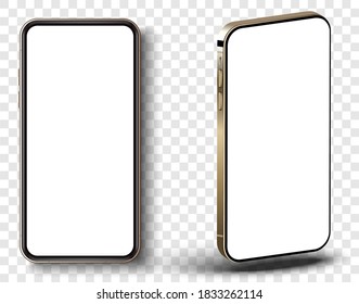 New Gold phone, Front side and angle. Smartphone mock up with white screen. Illustration for app, web, presentation, design. Vector mobile device concept