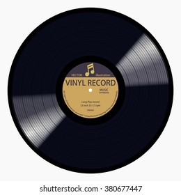 New gramophone brown label vinyl LP record with music note. Black musical long play album disc 33 rpm. old technology, realistic retro design, vector image illustration, isolated on white background