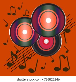 New gramophone vinyl disc,realistic retro design, vector art image illustration isolated , notes