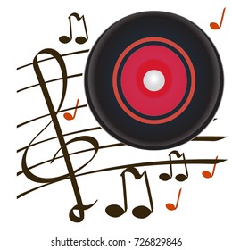 New gramophone vinyl disc,realistic retro design, vector art image illustration isolated , notes