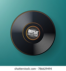 New gramophone vinyl label. Black musical. old technology, vector art image illustration