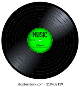 New gramophone vinyl LP record with green label. Black musical long play album disc 33 rpm, vector art image illustration, isolated on white background eps10