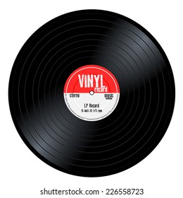 Новая граммофонная виниловая пластинка с красной этикеткой. Черный музыкальный альбом с длинным воспроизведением 33 об./мин. Старая технология, реалистичный ретро-дизайн, векторная иллюстрация изображения, изолированная на белом фоне eps10