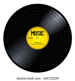 New gramophone vinyl LP record with yellow label. Black musical long play album disc 33 rpm. old technology, realistic retro design, vector art image illustration, isolated on white background eps10 