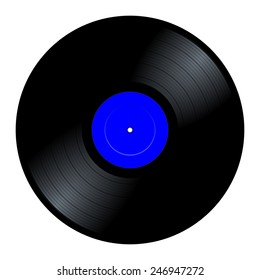 New gramophone vinyl LP record with blue label. Black musical long play album disc 33 rpm. old technology, realistic retro design, vector art image illustration, isolated on white background eps10