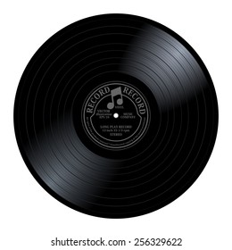 New gramophone vinyl LP record with gray / black label. Dark musical long play album disc 33 rpm. old technology, realistic retro design, vector art image illustration, isolated on white background