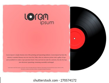New gramophone vinyl LP record with red label in paper case. Black musical long play album disc 33 rpm in cover envelope. old technology, vector art image illustration, isolated on white background