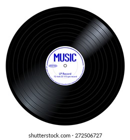 New gramophone vinyl LP record with white label. Black musical long play album disc 33 rpm. old technology, realistic retro design, vector art image illustration, isolated on white background eps10 