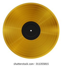 New Gramophone Vinyl LP Record With Blank Black Label. Gold Musical Long Play Album Disc 33 Rpm. Old Technology, Realistic Retro Design, Vector Art Image Illustration, Isolated On White Background