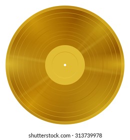 New gramophone vinyl LP record with blank golden label. Gold musical long play album disc 33 rpm. old technology, realistic retro design, vector art image illustration, isolated on white background