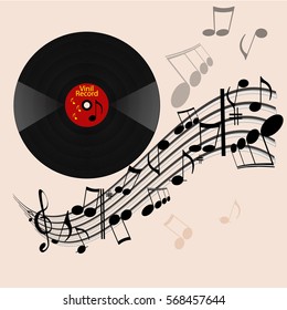 New gramophone vinyl LP record with red label. old technology, realistic retro design, vector art image illustration, illustration of music note from disc for musical background, eps10
