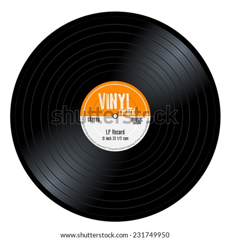 New gramophone vinyl LP record with orange label. Black musical long play album disc 33 rpm. old technology, realistic retro design, vector art image illustration, isolated on white background eps10 