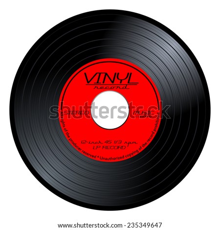New gramophone vinyl LP record with red color label. Black musical long play album disc 45 rpm. old technology, realistic retro design, vector art image illustration isolated on white background eps10