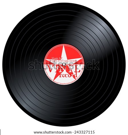 New gramophone vinyl LP record with red label, star and text. Black musical long play album disc 33 rpm. old technology, retro design, vector art image illustration, isolated on white background