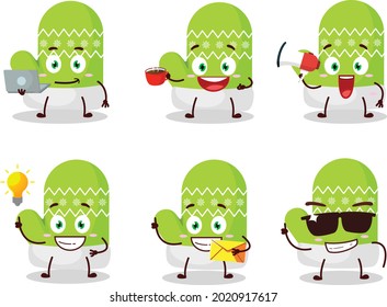 New green gloves cartoon character with various types of business emoticons. Vector illustration