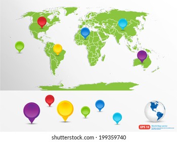 New green world map with  pin marker location vector format