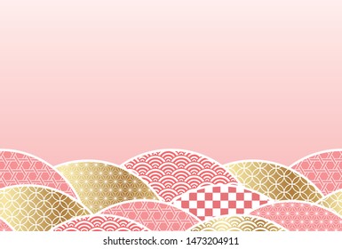 New Year’s greeting card template with text space and seamless Japanese patterns, vector illustration. Horizontally repeatable.
