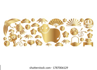 New Year’s Greeting Card Template With The Year Of The Ox Icon And Other Japanese Lucky Charms.  (Text translation: “Fortune”)