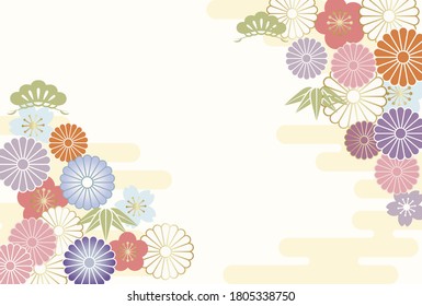 Plantilla vectorial de tarjetas de felicitación de Año Nuevo decorada con encantos de la época japonesa. 