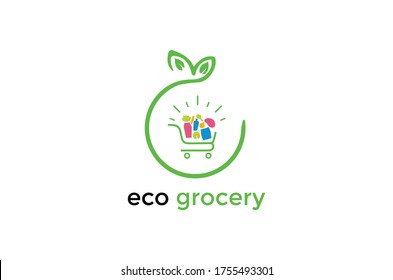 new grocery paper bag with salad plant, dairy product, bread and leaves, logo design. Organic, natural and eco food, meal store or market, vector design and illustration